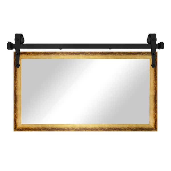 (66 in. W x 33 in. H) Gold/Bronze Modern Rustic Mirror with Steel Barn Door Rail