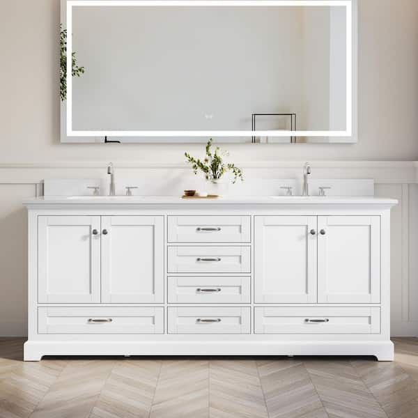 80 in. Double Sink Freestanding White Bath Vanity with White Cultured Marble Top and Backsplash (Fully Assembled)