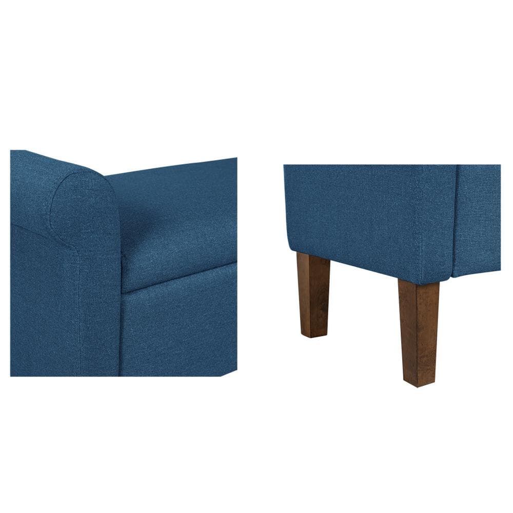 Aubrey Blue Upholstered Storage Bench with Walnut Wood Legs