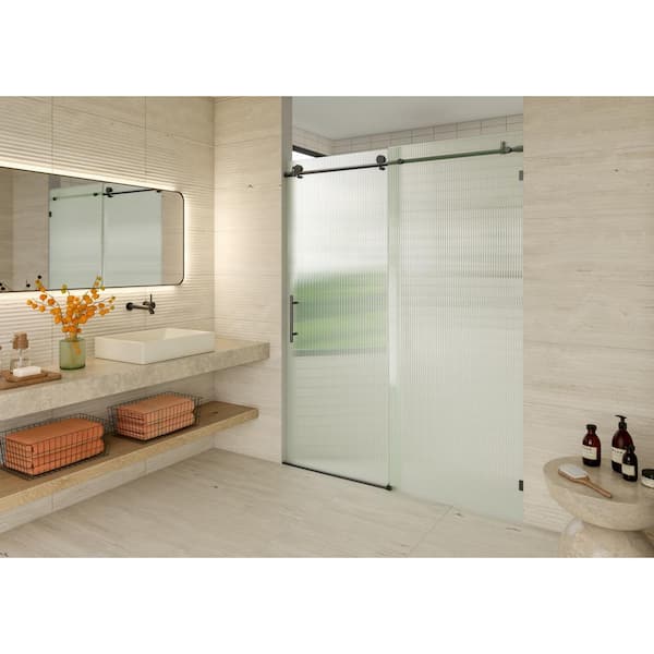 Glass Warehouse Galaxy 56 in. To 60 in. W x 78 in. H Frameless Sliding Shower Door in Matte Black with Fluted Glass
