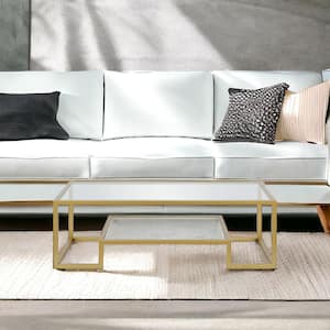 54 in. Gold Rectangle Glass Coffee Table with Shelves Storage