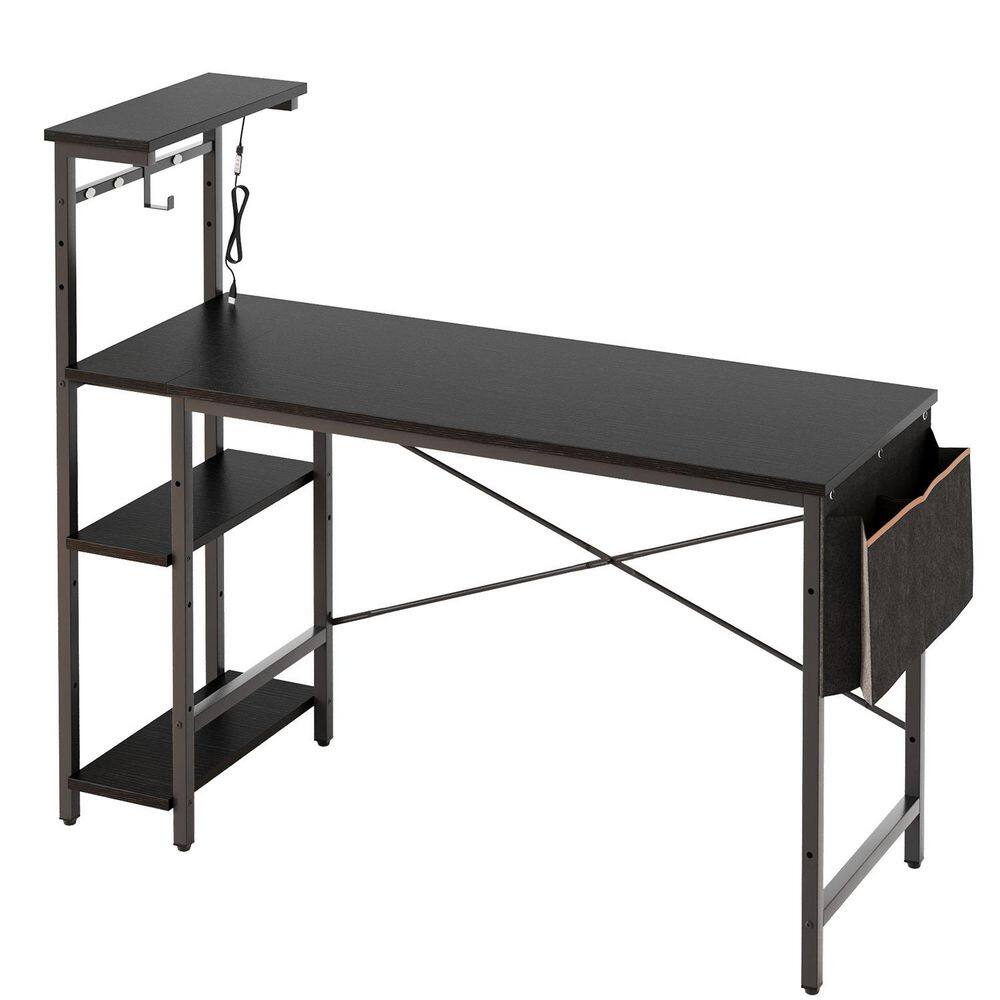 51 in. Black Grained Computer Desk with LED Lights Gaming Desk, 4 Tier Shelves