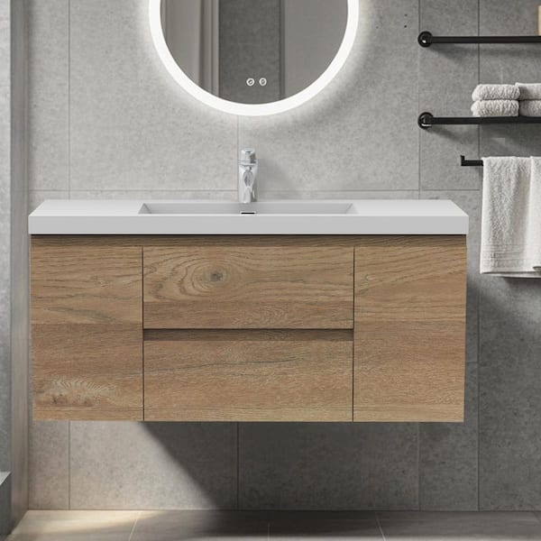 48 in. Wall-Mounted Floating Bath Vanity in Natural Oak with Single Solid Surface Sink Top in White