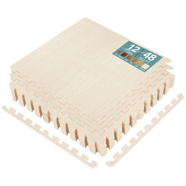 Wood Grain Floor Interlocking Mats, Light Pine 24" W x 24" L x 0.4" T, Foam Gym Flooring Mat, 48 ("sq. ft.",)" 12 Tiles