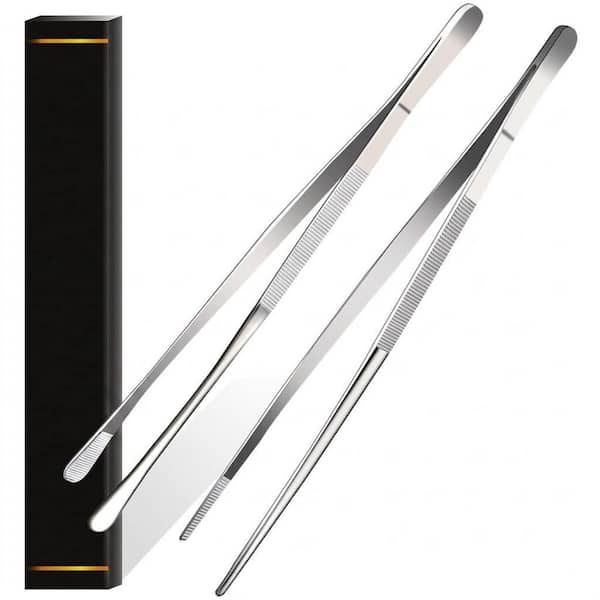 2 Pieces Stainless Steel Silver Tweezer Tongs Grooved Tips for Cooking Roasting Serving Fine Food Dishwasher Safe
