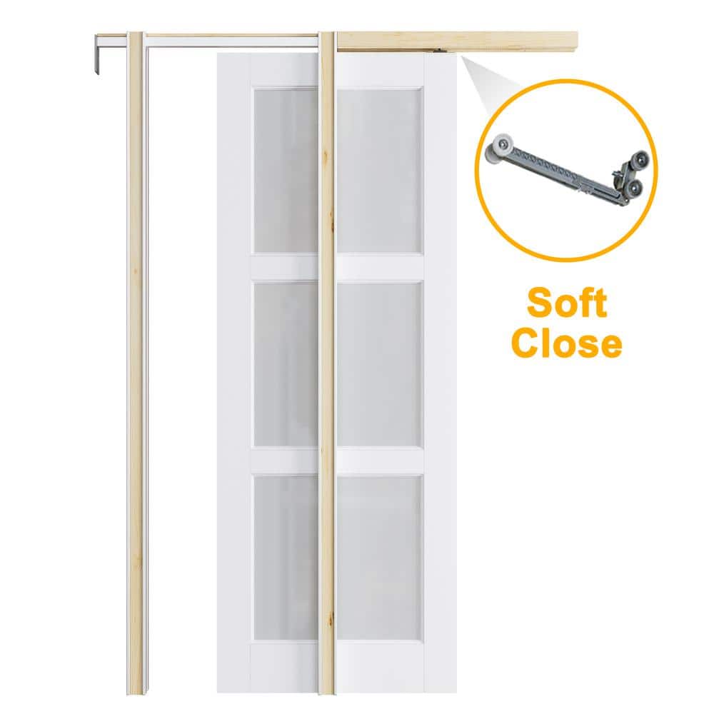 36 in. x 80 in. 3-Lite Frosted Glass White Primed Wood Pocket Door with Pocket Door Hardware Kit (Soft Close Included) price history on PriceWatchPro