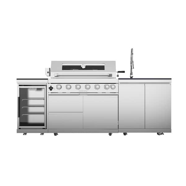 96 in. W 6-Burner Propane Gas Grill Island in Stainless Steel, with Wine Cooler, Compact Refrigerator, Rotisserie Kit