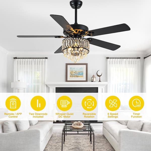 Cerello 52 in. Indoor Black Glam Crystal Shade Chandelier, 5 Reversible Blades Included Ceiling Fan