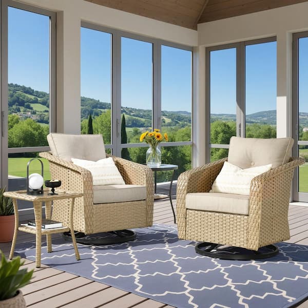 Sunny Hot Sale 3-Piece Wicker PE Rattan Outdoor Patio Swivel Rocker Set with Beige Cushions and Side Table
