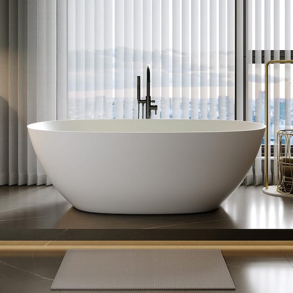 Moray 65 in. x 31.5 in. Solid Surface Stone Resin Flat Bottom Freestanding Thin-Edge Soaking Bathtub in Matte White