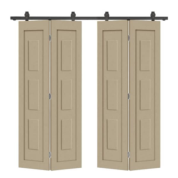 68 in. x 84 in. 3 Panel Shaker Hollow Core Unfinished Composite Double Bi-fold Door with Barn Door Hardware Kit