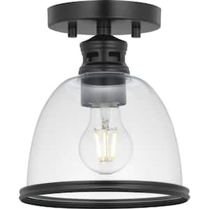 Pelzer 7 in. 1-Light Matte Black Flush Mount with Clear Glass Shade