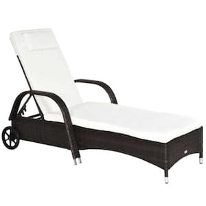 Brown and Cream White Metal Outdoor Chaise Lounge, 5-Level Adjustable Backrest PE Rattan with Wheels, Cushion & Headrest