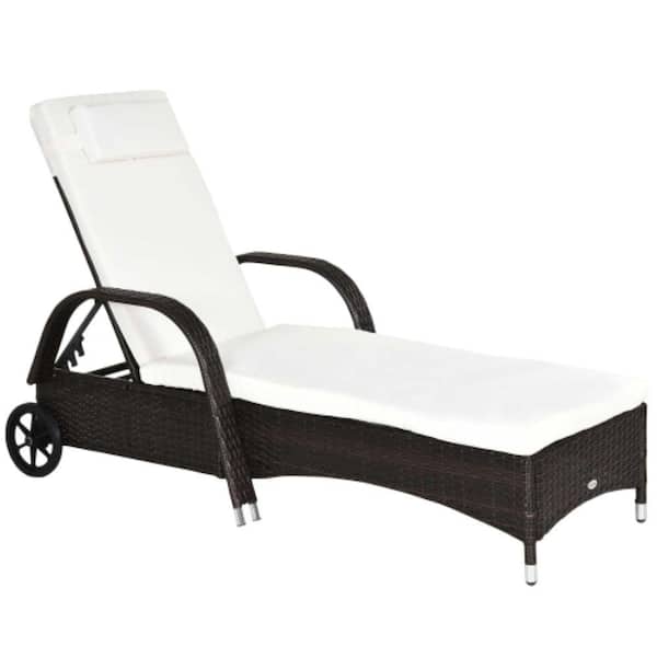Misopily Brown and Cream White Metal Outdoor Chaise Lounge, 5-Level Adjustable Backrest PE Rattan with Wheels, Cushion & Headrest