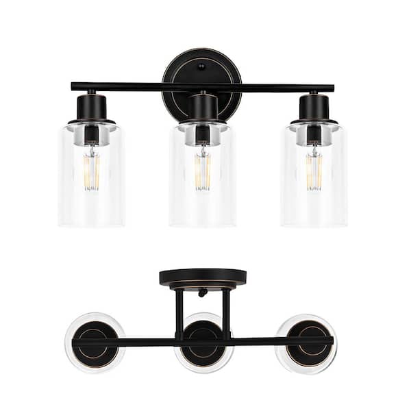 Hukoro GLA 17 in. 3-Light Bronze Vanity Light Fixture with Clear Glass Shade