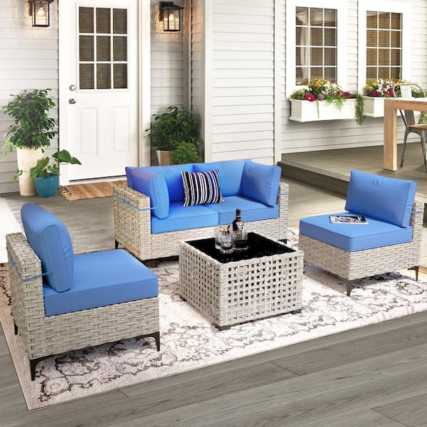 XIZZI Apollo 5-Piece Wicker Outdoor Patio Conversation Seating Set with Blue Cushions