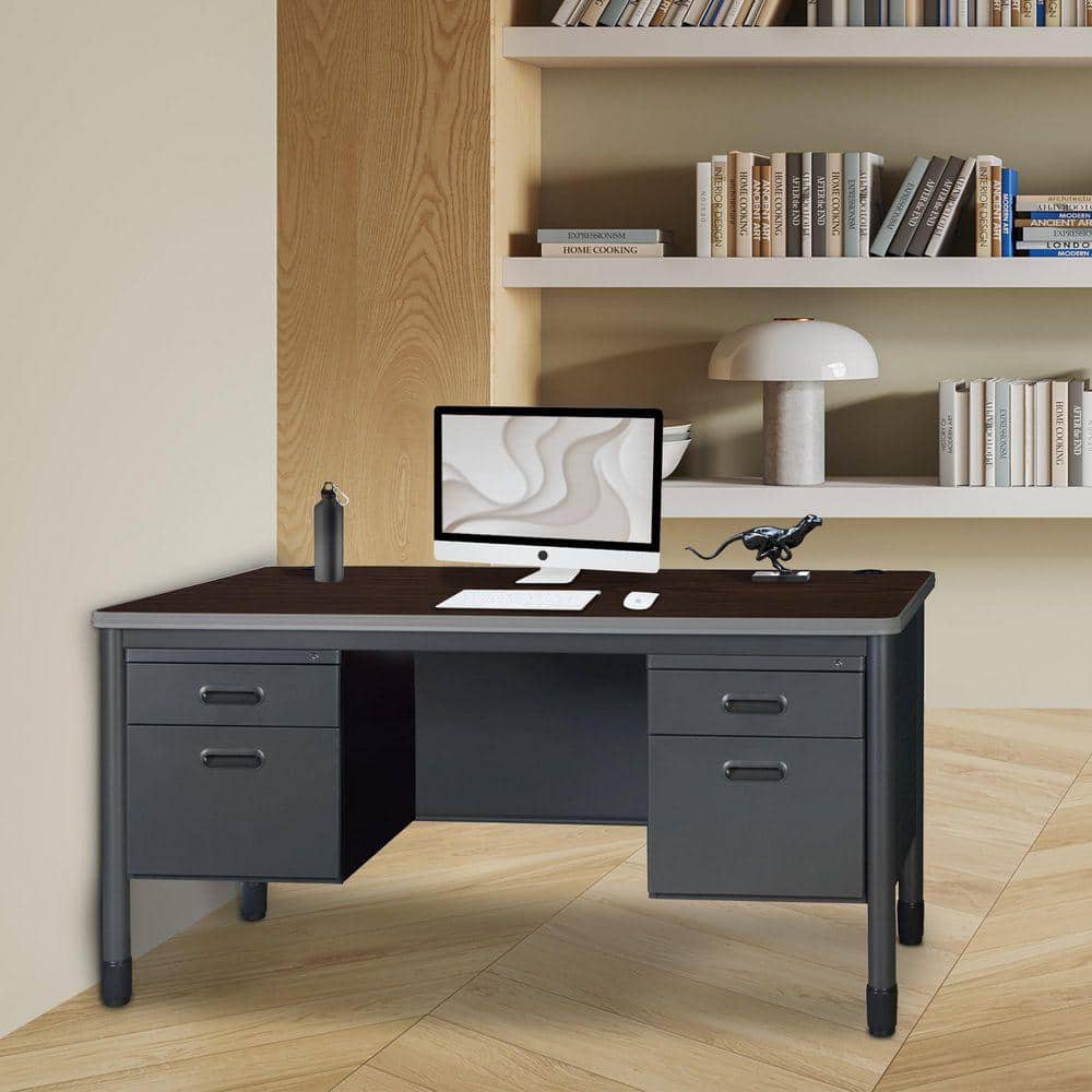 Mesa 60 in. Neo Walnut Steel Double Pedestal Teacher's Office Desk