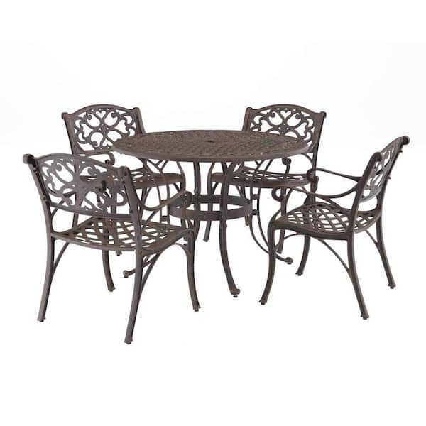 HOMESTYLES Sanibel Rust Bronze 5-Piece Cast Aluminum Outdoor Dining Set with Coral Cushions