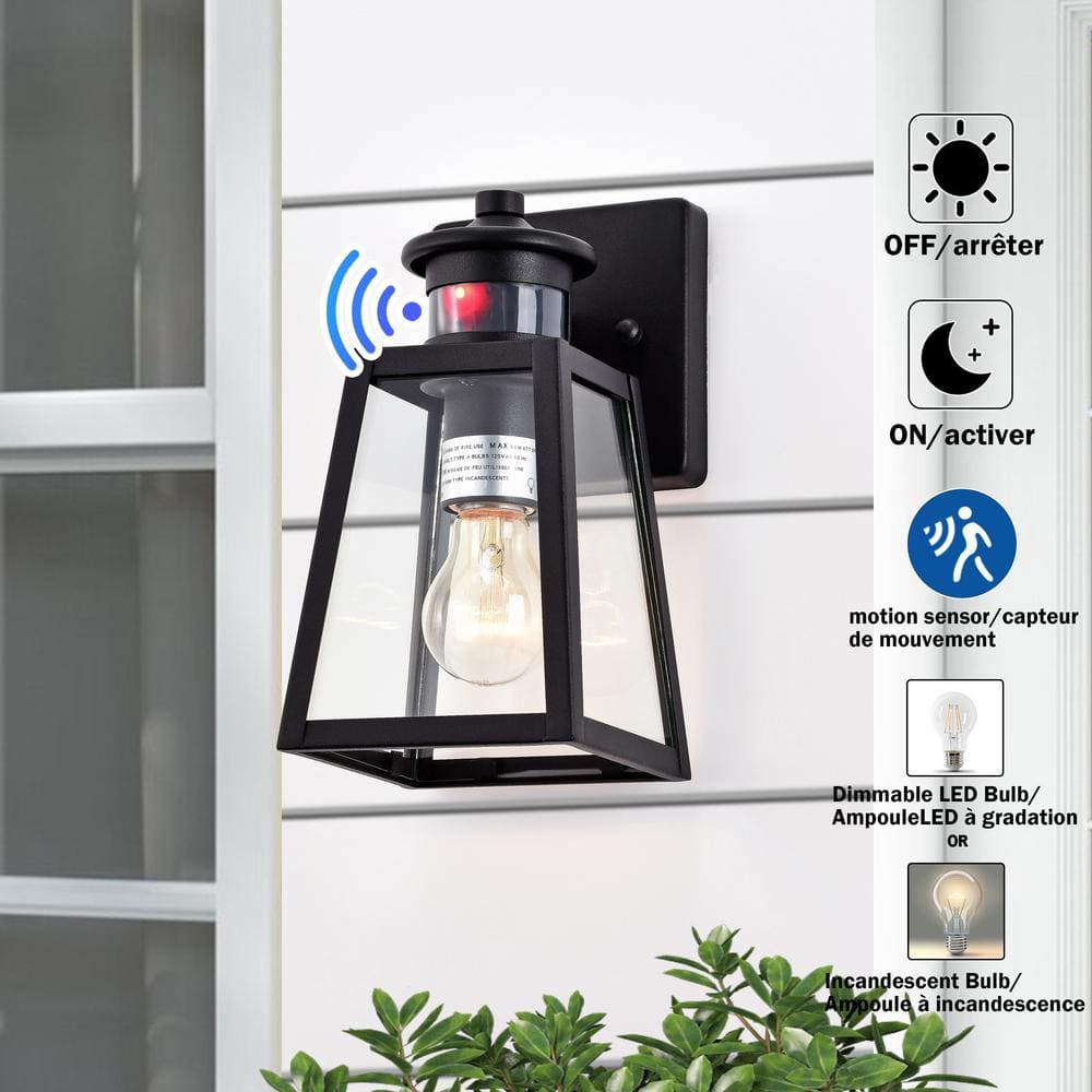 Matte Black Motion Sensor Outdoor Wall Sconce with Clear Glass