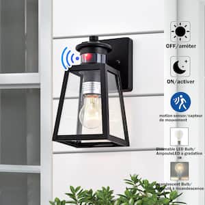 1-Light Black Motion Sensing Dusk to Dawn Outdoor Wall Lantern Sconce with Clear Tempered Glass