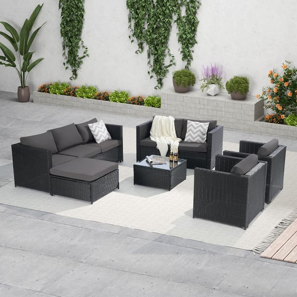 Unbranded 6-Piece Black Wicker Patio Conversation Set Furniture Sofa Set with Table and Deep Gray Cushions