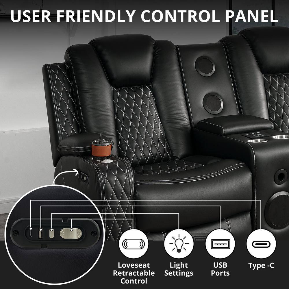 Black Faux Leather Reclining Loveseat with Cup Holders and LED Lights