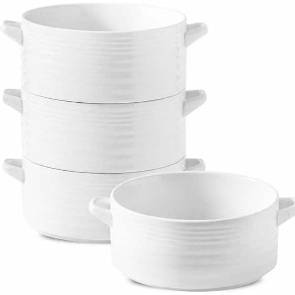 4-Piece White Ceramic Soup Bowl Set Oven Safe Double Handles Stackable French Onion Crocks for Chilli Salad