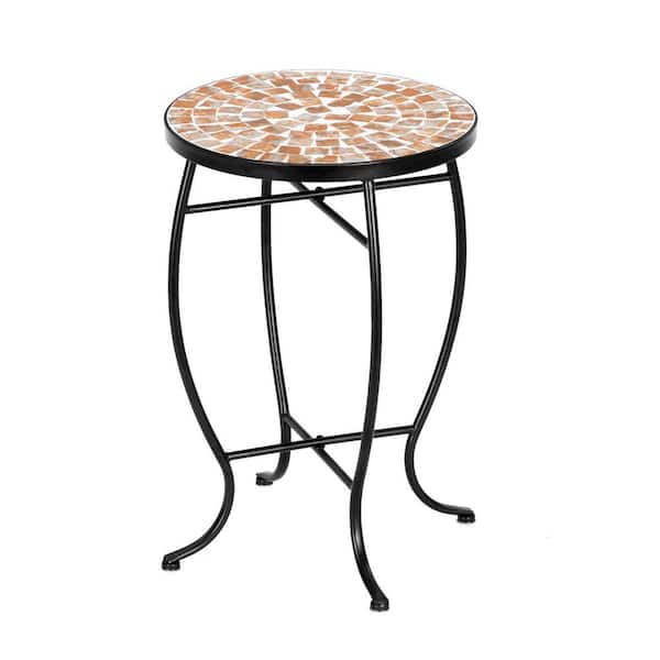 VINGLI 14 in. Round Side End Table Plant Stand Mosaic Accent Black Metal Frame Table (Golden Yard)