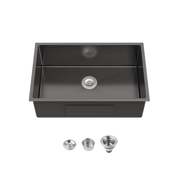 TMS 30 in. x 19 in. Undermount Single Bowl Black Stainless Steel Kitchen Sink with Strainer and Drain