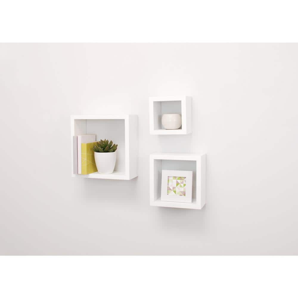 White Wood Floating Cube Wall Shelves Set of 3