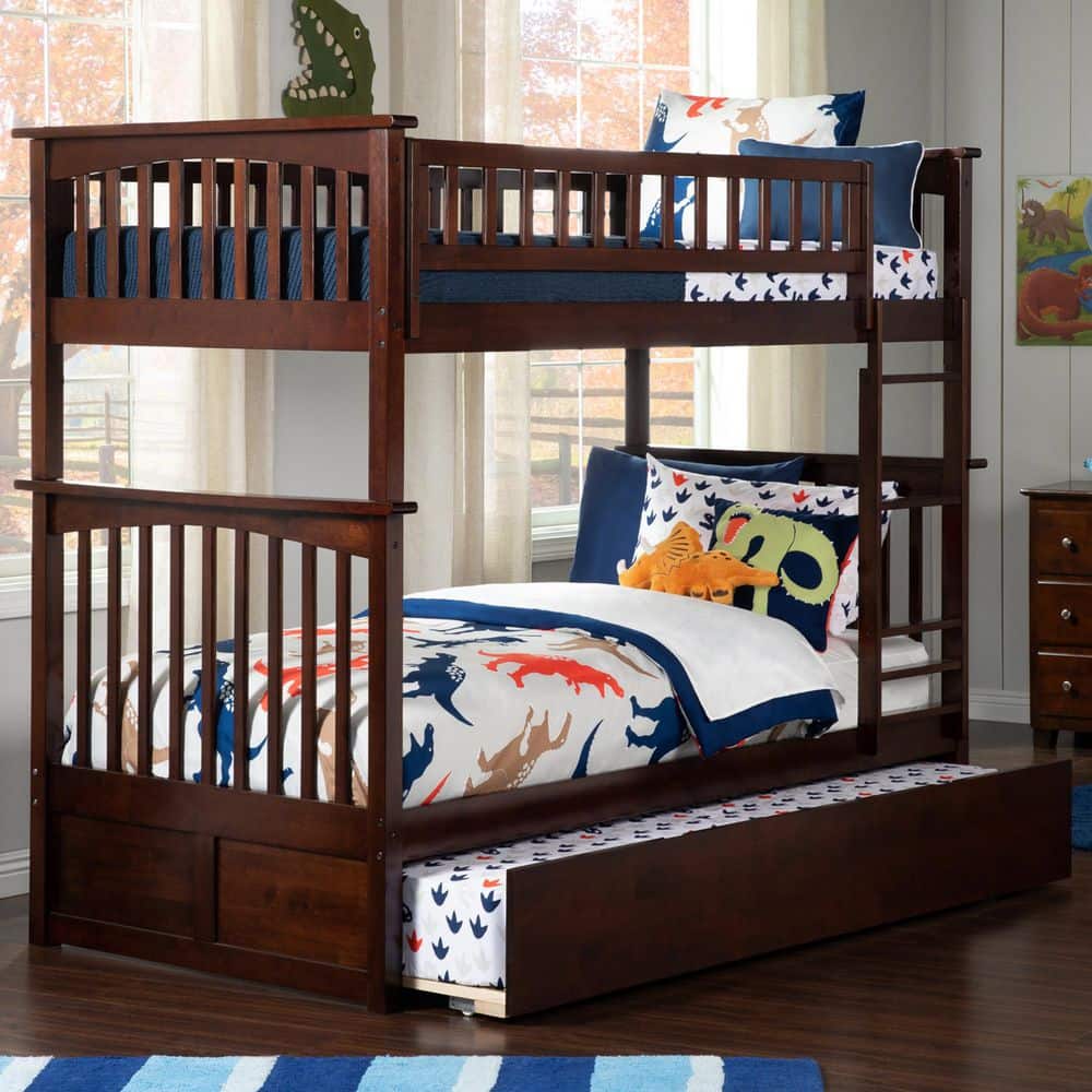 Columbia Bunk Bed Twin over Twin with Twin Size Urban Trundle Bed in Walnut