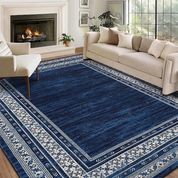 9 ft. x 12 ft. Blue Washable Area Rug, Modern Border Low Pile Non Slip Carpet for Living Room Bedroom Dining Room