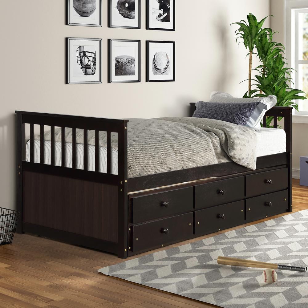 Polibi Espresso Captain's Bed Twin Daybed with Trundle Bed and Storage Drawers (76 in. L x 43.5 in. W x 35.75 in. H), Brown -  RS-ECBTDT-E-PJ