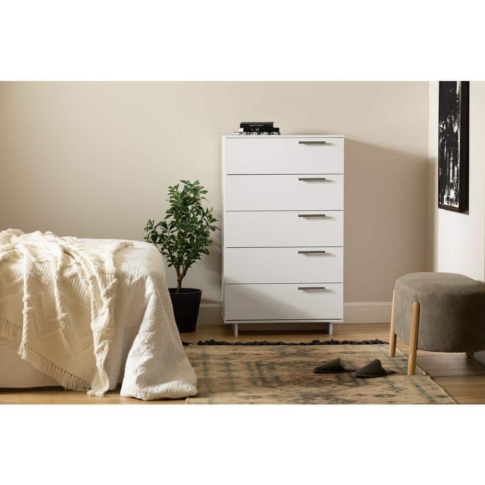 Pure White Vertical 5-Drawer Chest with Metal Handles
