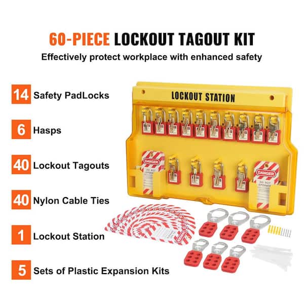 60-Pieces Electrical Lockout Tagout Kit, Safety Lockout Station with Padlocks, Tags, Hasps, Nylon Ties, Expansion Kit