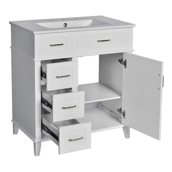 30 in. Single Sink Elegant White Cabinet Bath Vanity with White Ceramic Top, Soft Close Door and Drawers