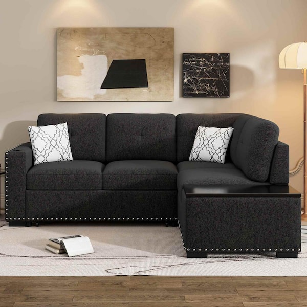 83.8 in. Square Arm Chenille L -Shaped Sofa with Storage Chaise in Black