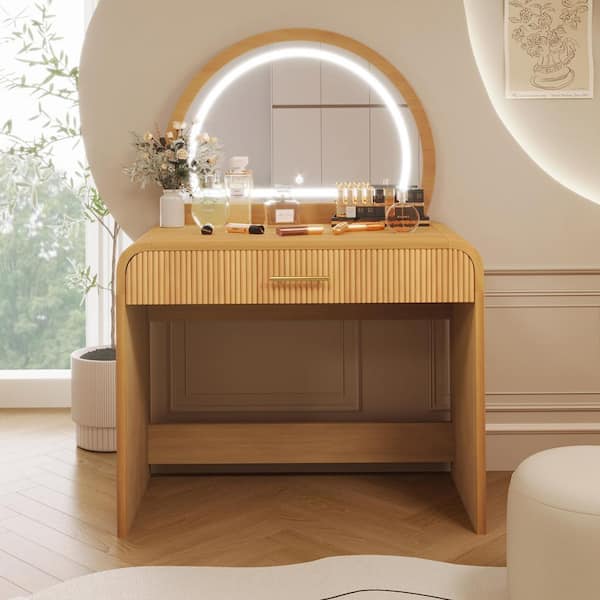 Natural Brown Makeup Vanity Table with Makeup Mirror and Drawer