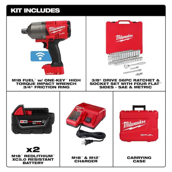 M18 FUEL ONE-KEY 18V Lith-Ion Brushless Cordless 3/4 in. High-Torque Impact Wrench Kit w/ Mechanics Tool Set