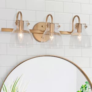 Modern 21 in. 3-Light Dark Gold Wall Sconce Bell Vanity Light with Clear Glass Shades for Bathroom Powder Room