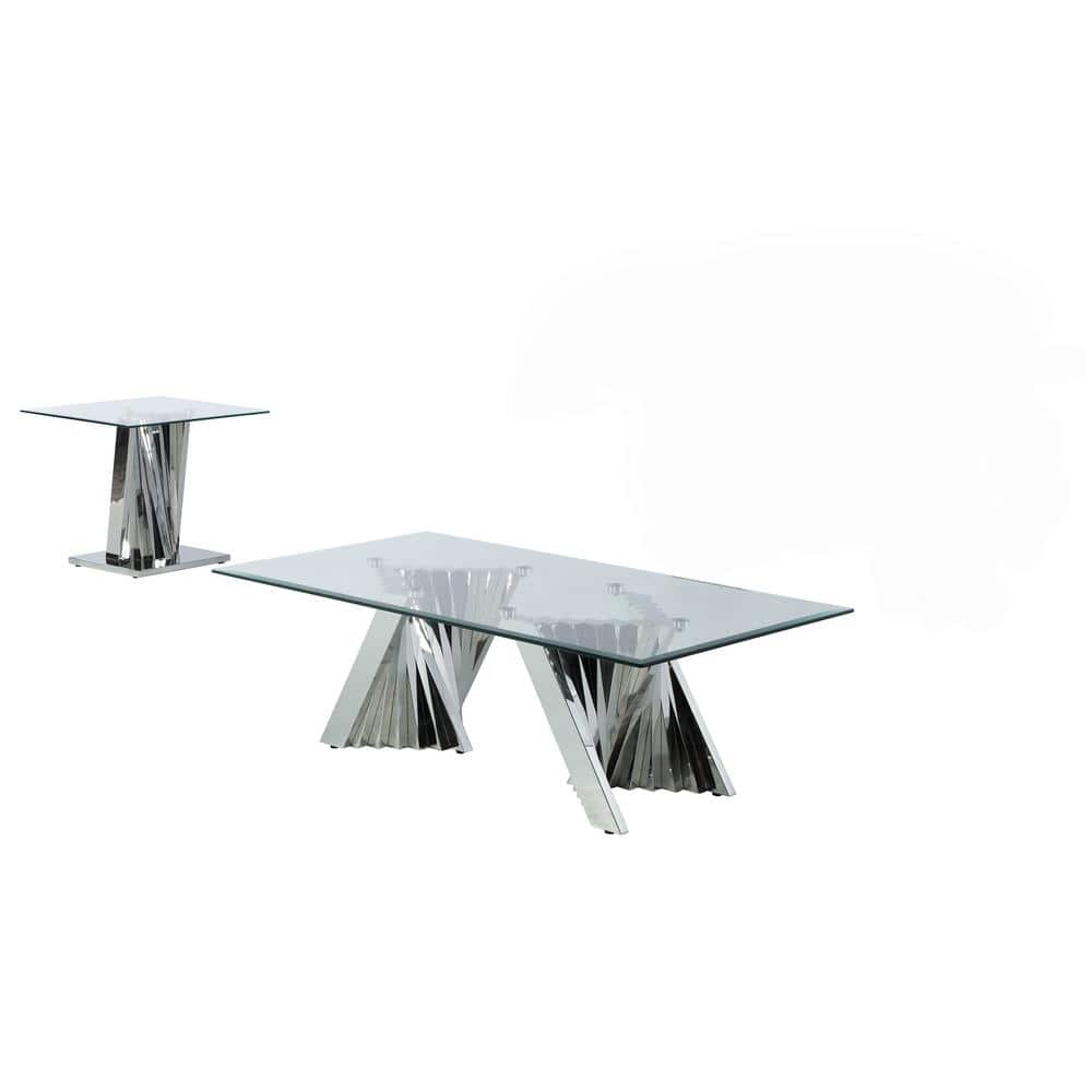55" Glass Coffee Table and End Table Set with Stainless Steel Base