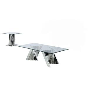 Ozuna 55 in. Tempered Clear Glass Stainless Steel, Rectangle Coffee Table of 2 Pieces.