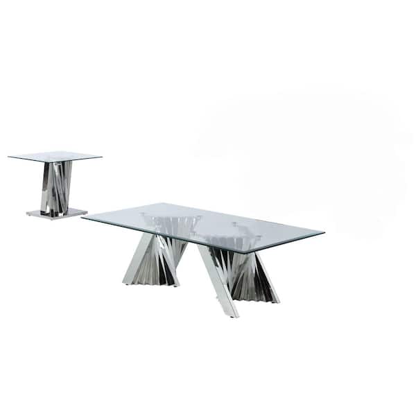 Best Quality Furniture Ozuna 55 in. Tempered Clear Glass Stainless Steel, Rectangle Coffee Table of 2 Pieces.