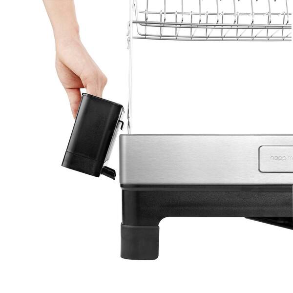 happimess Compact 18.25 2-Tier Fingerprint-Proof Stainless Steel Dish  Drying Rack with Swivel Spout Tray, Stainless Steel/Black