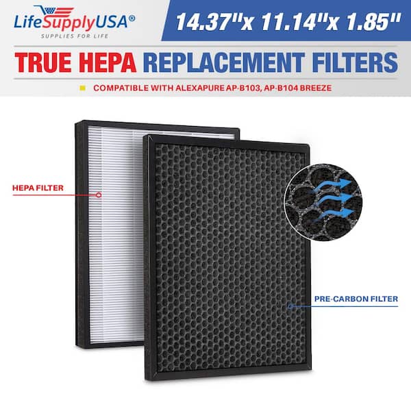 Replacement Set (1-True HEPA Air Filter plus 1-Carbon Pre-Filter) Compatible w/ Alexapure AP-B103, AP-B104 Breze