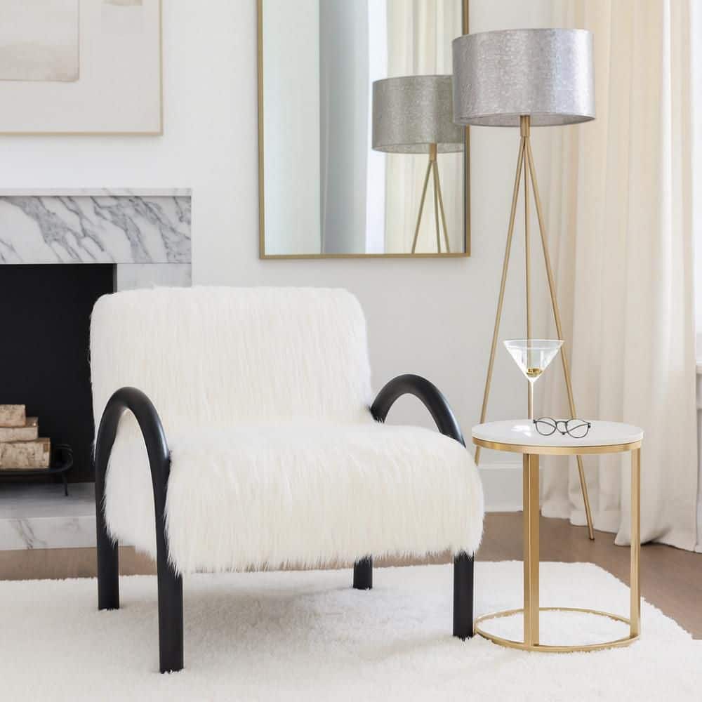 Liv & Skye Ivory Wood and Non-Woven Fabric with Curved Black Arm Furry ...