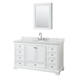 Deborah 60 in. Single Vanity in White with Marble Vanity Top in White Carrara with White Basin and Medicine Cabinet