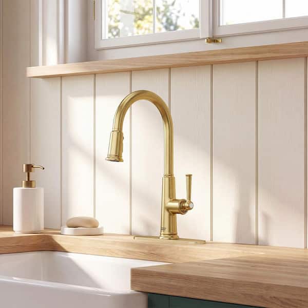 Highgrove 17 in. Single Handle Pull Down Sprayer Kitchen Faucet with 360° Spout in Brushed Gold