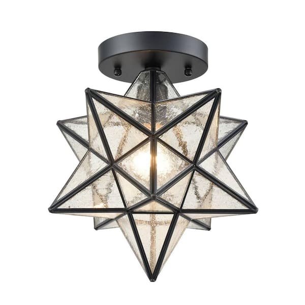 CLAXY 11.22 in. 1-Light Black Modern Semi-Flush Mount with Seeded Glass Shade and No Bulbs Included 1-Pack
