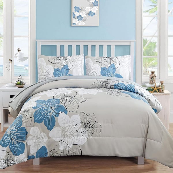 Unbranded Floral 7-Piece Blue Soft Microfiber King Comforter Set Bed in a Bag for All Seasons 104 in. x 90 in.